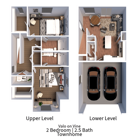 3D floor plan for a 2 bedroom 2.5 bath townhome for rent at VALO On Vine in Tooele, Utah